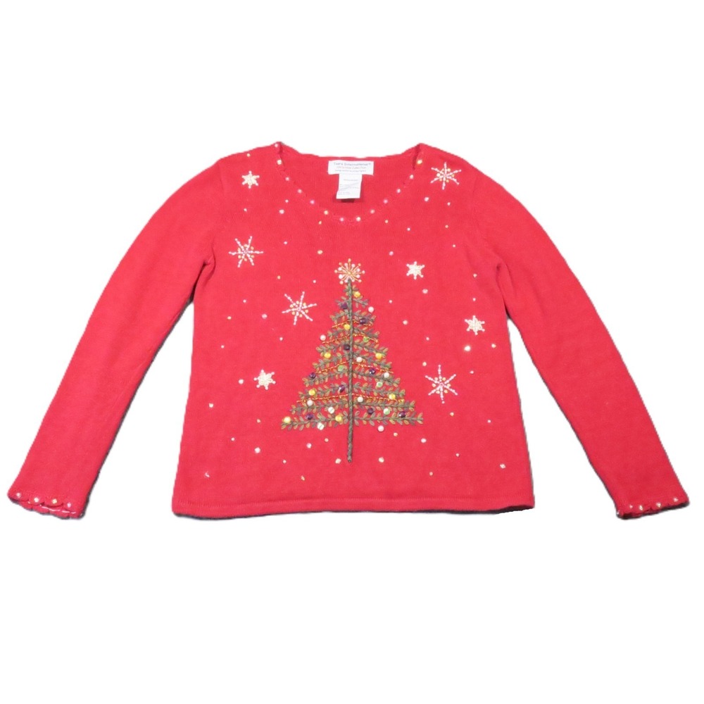 Tiara International Christmas Tree Sweater M Red Beaded Sequin Holiday Festive